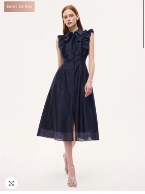 Sleeveless Navy Maxi Dress with Ruffle Shoulders and Tie Neck